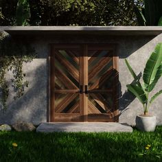 a large wooden door in the side of a building next to a potted plant