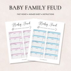 two baby shower game sheets with the words baby family fluid