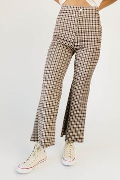 terry plaid trouser // burgundy Flared Plaid Pants Outfit, Plaid Pants Outfit, Flared Bottoms, Statement Pants, Plaid Trousers, Date Nights, Teacher Outfits, Plaid Pants, Bottom Clothes