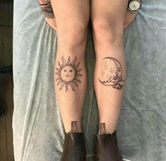 two tattoos on the legs of a person laying in bed with a clock and sun