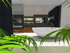 a large white bath tub sitting inside of a bathroom next to a green palm tree