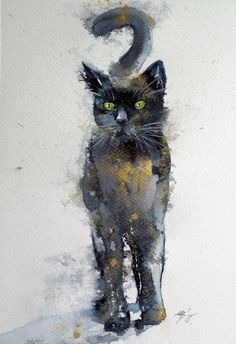 a painting of a black cat with green eyes standing in front of a white wall