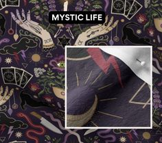 an artistic wallpaper with hands and symbols on it, as well as the words mystic life