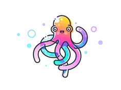 an octopus with colorful bubbles on it's head and eyes, standing in the water