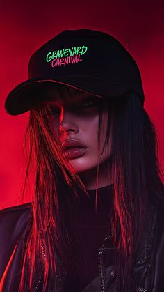 a woman with long hair wearing a black hat and leather jacket, standing in front of a red background