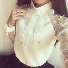 Bow and Pearls Kawaii Long Sleeve Blouse · KoKo Fashion · Online Store Powered by Storenvy White Chiffon Blouse, Organza Bow, Ladies Chiffon Shirts, Chiffon Shirt Blouse, Bow Fashion, Blouse Casual Fashion, Formal Shirt, Bow Blouse, White Chiffon