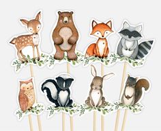 the woodland animals cupcake toppers are on sticks