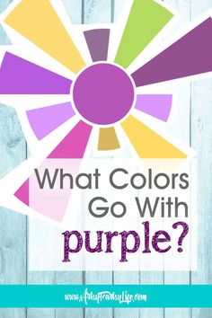 the words what colors go with purple? in front of a wooden background and an image of