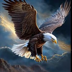 an eagle flying through the air with lightning in the background