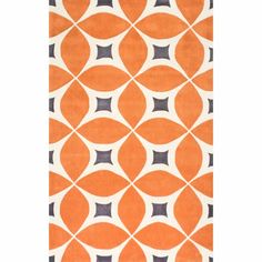 an orange rug with black and white circles on the bottom, in front of a white background