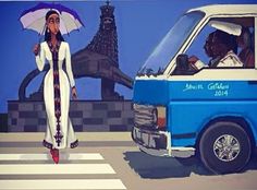 a painting of a woman with an umbrella crossing the street in front of a van