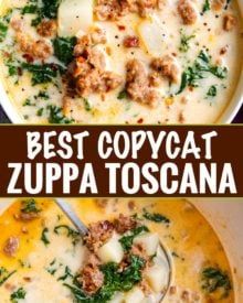 two pictures with different types of soup in them and the words best copycat zuppa toscana