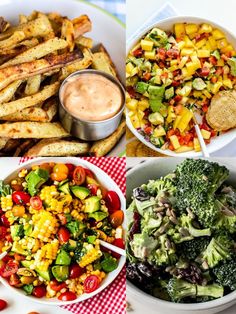 four different types of salads and french fries