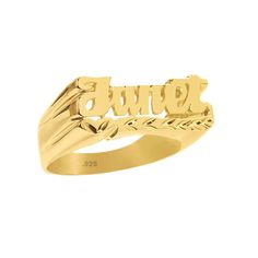 "Name jewelry is always the hottest trend. This custom made name ring is beautifully crafted in 24K Gold Plated sterling silver. This will certainly make a special gift making a perfect accessory for any occasion. This name ring measures approximately 3/4\" wide and 3/8\" tall in sizes 5 thru 12 Finished with dimond cut accent and polished to mirror shine, this name ring makes an extra elegant addition to your jewelry wardrobe. Since your name ring is handcrafted, item may slightly vary in overa Customizable Gold Signet Ring For Promise, Gold Promise Ring With Name Detail, Gold Promise Ring With Shiny Finish, Gold Promise Ring With Name, Gold Cluster Ring With Polished Finish As Gift, Elegant Customizable Nameplate Rings, Gold Nameplate Rings With Names, Custom Name Nameplate Ring For Gift, Gold Nameplate Ring With Custom Name