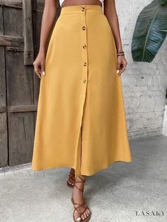 Lasaky - Single-Button High-Waisted Fashionable Midi Skirt Yellow Skirt Outfits, Office Wears, Midi Skirt Casual, Button Front Skirt, Yellow Skirt, Half Skirt, Women Skirts, Modest Clothing, Linen Skirt