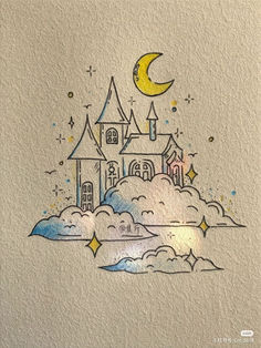 a drawing of a castle on top of a cloud with a moon in the sky