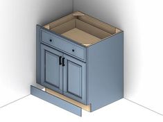 a blue cabinet with two doors and one drawer on the bottom, in front of a white wall