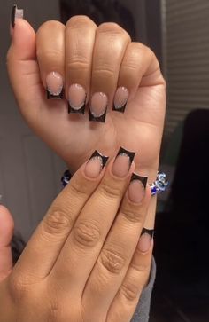 Short Nails Ideas French Tip Black, Graduation Nails Black, Nails Short Black, Black French Tip With Gems, Black Nails For Homecoming, Cheer Nails, Short Black Acrylic Nails, French Tip Gel Nails, Black Gel Nails