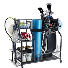 a rack with tennis gear and equipment on it