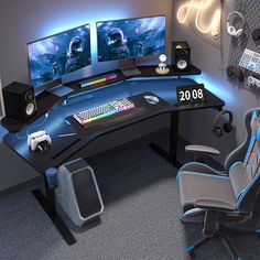 a computer desk with two monitors, speakers and a gaming chair in front of it