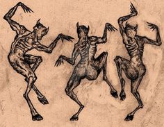 three drawings of people dancing with their hands in the air