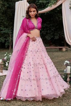 Frosty pink organza based lehenga in floral pattern, handcrafted with multicolored, and mix-material embroidery. Paired with a hot pink padded blouse and ombre embroidered dupatta. - Aza Fashions Hot Pink Lehenga, Floral Lehenga, Pink Lehenga, Designer Dresses Casual, Buy Wine, Embroidered Silk, Set For Women, Aza Fashion, Lehenga