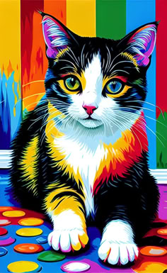 a painting of a cat sitting on top of a colorful table cloth with circles around it