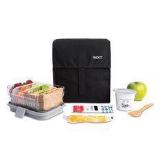 the lunch box is packed with fruit, ice cream and yogurt