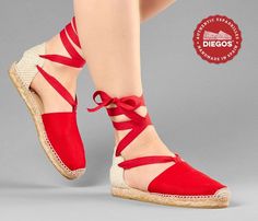 Diegos red flat Lola espadrilles for women. These classic and traditional flat canvas espadrilles are made in northern Spain. The braided soles of the espadrilles are made of jute thread and recycled textile fibers from Barcelona. The soft cotton canvas, hand stitched to the sole with white thread, originates from Alicante. We ship from NY - Easy returns. Lace Espadrilles, Womens Espadrilles Wedges, Espadrilles Shoes, Red Flats, Wedge Espadrilles, Women's Espadrilles, High Wedges, Low Wedges, Leather Espadrilles