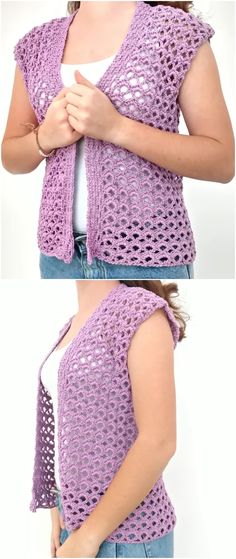 a woman wearing a purple crocheted vest