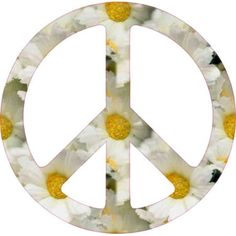 a peace sign with white and yellow flowers on it