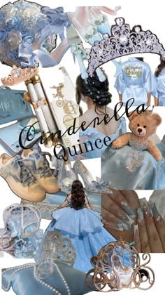 there is a collage of princess and prince items in this photo, including shoes, tiara, teddy bear