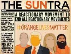 an orange lives matter poster with the suntra logo on it, and three men in suits