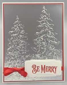 a christmas card that says be merry with trees in the background and red ribbon on it