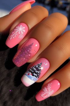 This Christmas, pink is the ultimate trend, perfect for every skin tone. Featuring classy designs with silver snowflakes and subtle gold details, these pink Christmas nails cater to diverse beauty, showcasing how pink can complement every ethnicity effortlessly. Valentine’s Day Nails Ideas, Pink Winter Nail Designs, Light Pink Christmas Nails, Pink Holiday Nails, Pink Christmas Nail Designs, Pink Winter Nails, Christmas Nail Trends, Girly Cowgirl