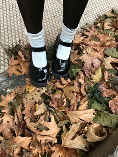 a person wearing black and white socks standing in leaves