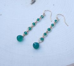 Elegant Wire Wrapped Earrings For May Birthstone, Green Dangle Beaded Earrings With Gold Beads, Green Dangle Jewelry With Faceted Beads, Green Gemstone Bead Drop Earrings, Artisan Green Beaded Dangling Earrings, Dressy Earrings, Green 14k Gold-filled Dangle Earrings, White Plains, Onyx Earrings