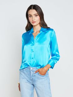 L'AGENCE - Dani 3/4 Sleeve Silk Blouse in Bright Aqua Three Quarter Sleeve Shirt, Summer Denim, Satin Blouses, Navy Lace, Aqua Color, Silk Charmeuse, Tennis Dress, Feminine Look, Wrap Blouse