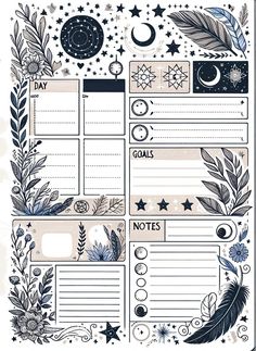 a printable planner page with an image of the moon, stars and feathers on it