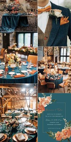 a collage of photos showing different tables and chairs with blue linens on them