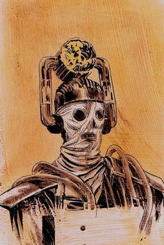 a drawing of a man wearing a helmet with a skull on his head