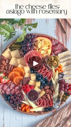 a platter filled with cheeses, meats and fruit