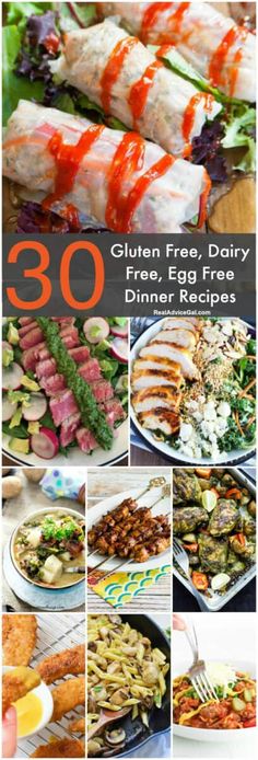 the collage shows different types of food on plates and in bowls, with text overlay that reads 30 gluten free dairy freeze egg free dinner recipes