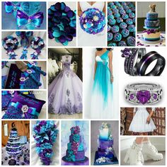 purple and blue wedding theme with flowers, ribbons, rings, dress, ring box