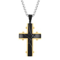 Stainless steel rivet cross pendant with black and gold-tone plating. Includes a 24-inch stainless steel rolo link chain necklace with lobster claw closure. Black Metal Cross Necklace, Black Stainless Steel Necklace With Cross Pendant, Black Stainless Steel Cross Pendant Necklace, Black Metal Cross Pendant Necklace, Black Cross Jewelry With Adjustable Chain, Black Stainless Steel Cross Jewelry, Black Metal Crucifix Necklace, Black Metal Crucifix Cross Necklace, Black Metal Cross Pendant Jewelry