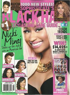 the front cover of black hair magazine featuring nicki mina and other women's magazines