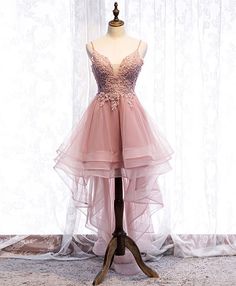 Pink Tulle Lace High Low Prom Dress High Low Party Dresses, High Low Evening Dresses, High Low Prom Dress, Homecoming Dress Short, High Low Prom Dresses, Pink Homecoming, Pink Party Dresses, Pink Homecoming Dress, Blue Homecoming Dresses