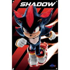 sonic the hedgehog poster is shown in red and black with white lettering on it