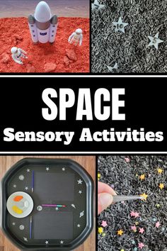 Pin text reads, space sensory activities and shows images of 4 space theme sensory play ideas. Sensory Bin Space Theme, Space Sensory Activities, Space Theme Sensory, Sensory Tray Ideas, Busy Toddler Activities, Preschool Space Activities, Sensory Bin Preschool, Space Activities For Preschoolers, Space Sensory Bin