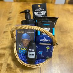 a basket filled with personal care items on top of a wooden table